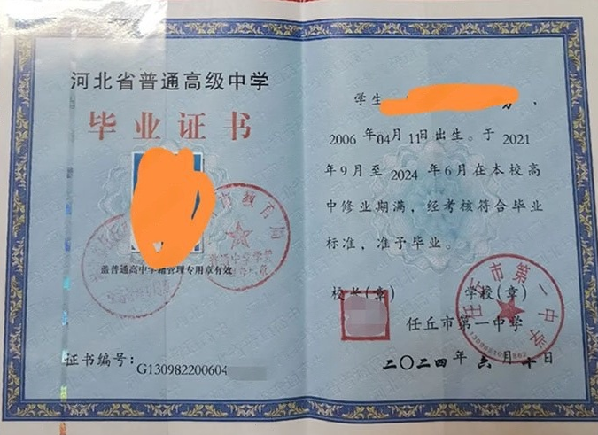 向阳任丘市第一中学高中毕业证样本图片