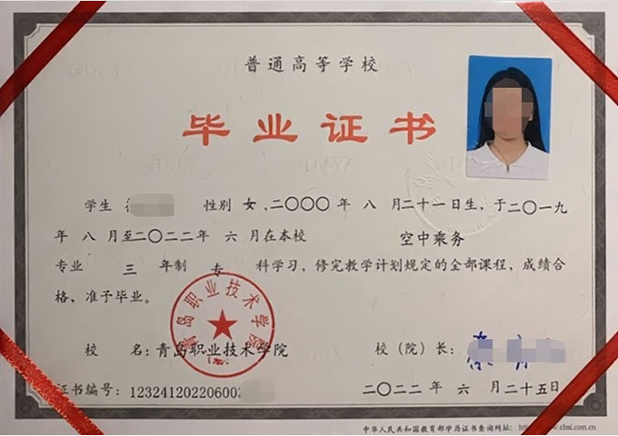向阳青岛职业技术学院毕业证样本图片