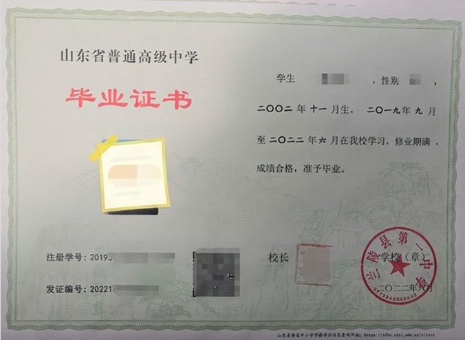 向阳兰陵县第一中学高中毕业证样本
